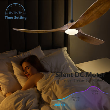 ABZ 52 Inch Ceiling Fans with Lights and Remote Control, Outdoor Ceiling Fan with Light 3 Blades Propeller Solid Wood Ceiling Fan for Indoor Bedroom Living Room, Walnut Wood