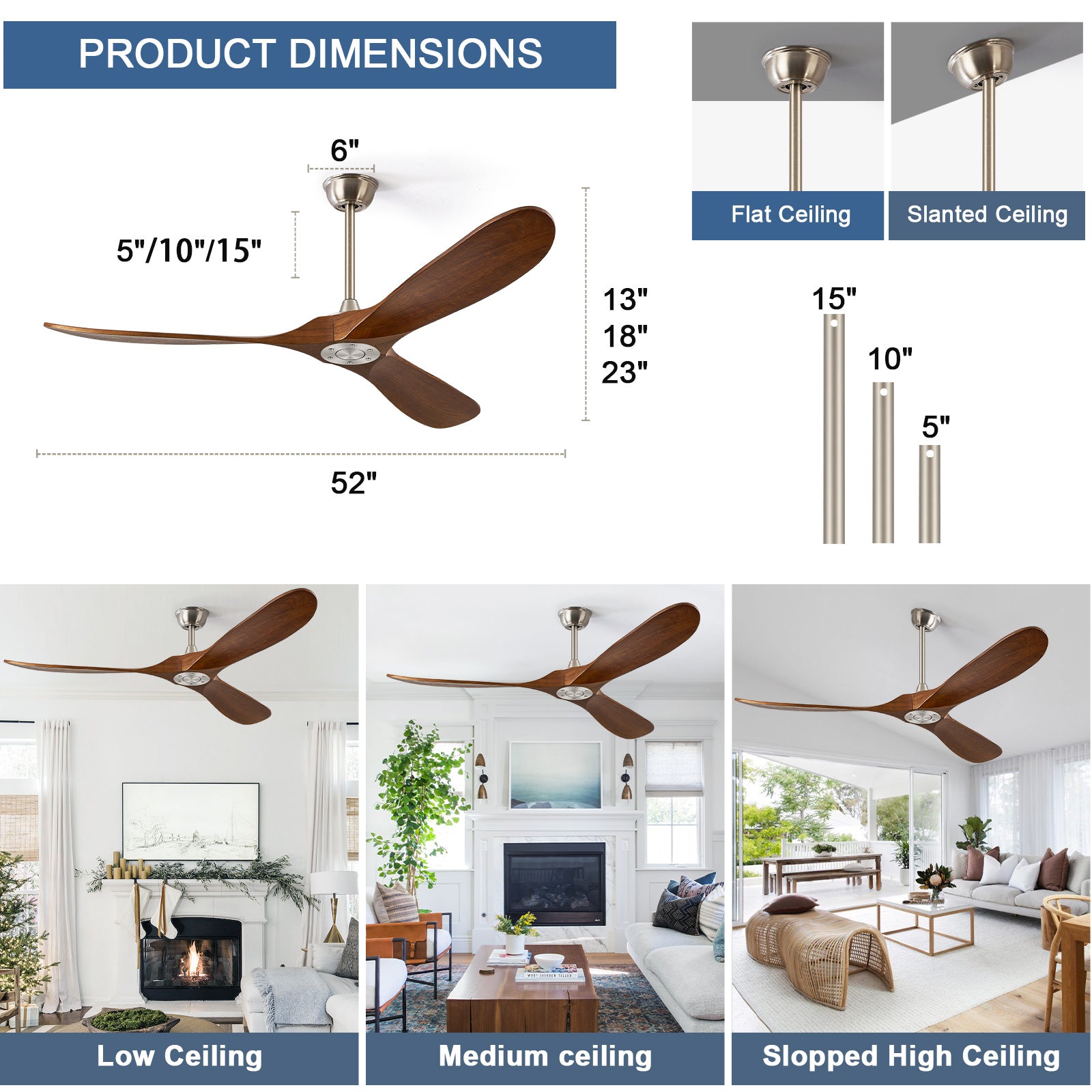 ABZ Ceiling Fan without Light - 52 inch Propeller Solid Wood Blades Silver Ceiling Fan no Light with Remote Control for Outdoor Indoor Patio Porch Living Room