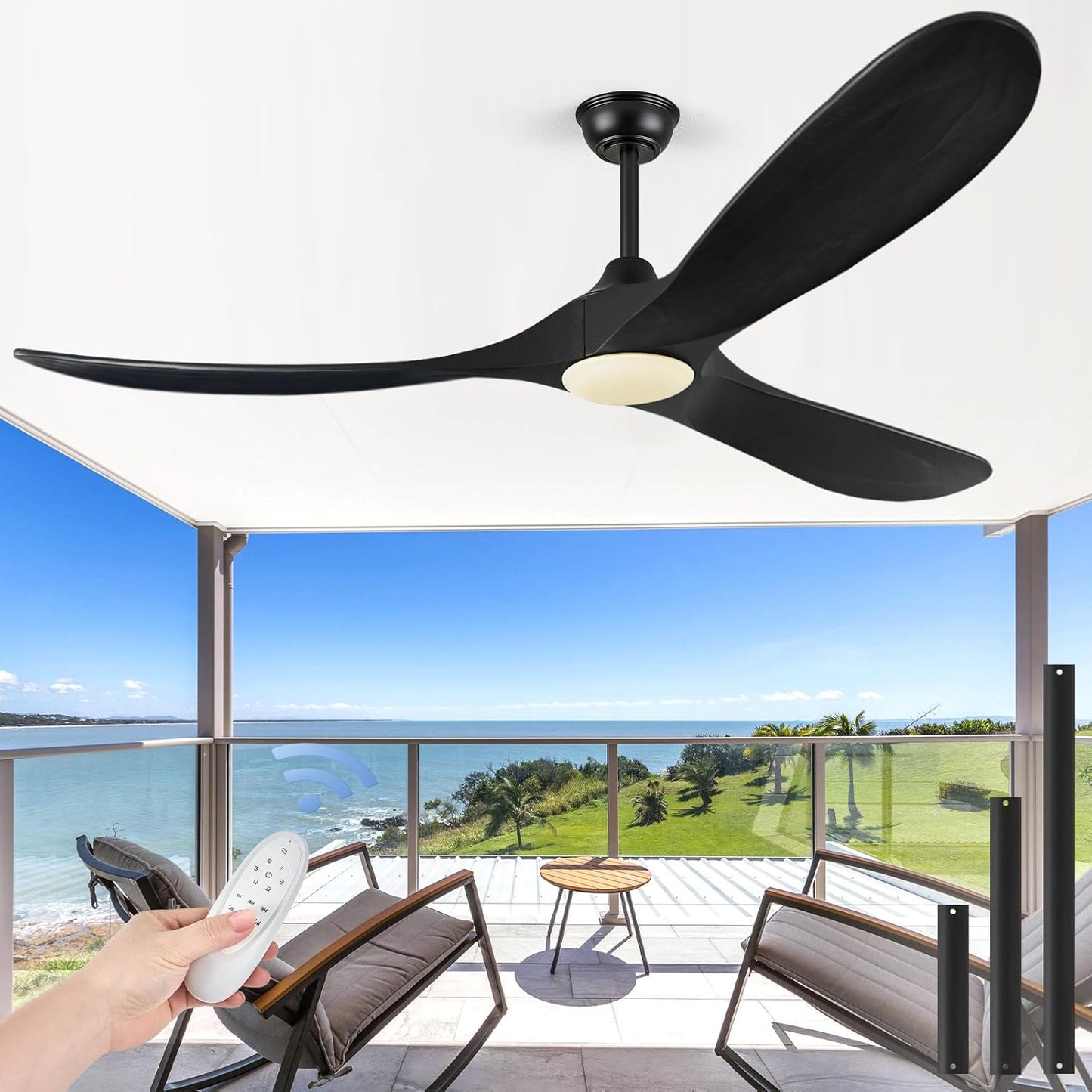 ABZ 52 Inch Ceiling Fans with Lights and Remote Control, Outdoor Ceiling Fan with Light 3 Blades Propeller Solid Wood Ceiling Fan for Indoor Bedroom Living Room, Walnut Wood