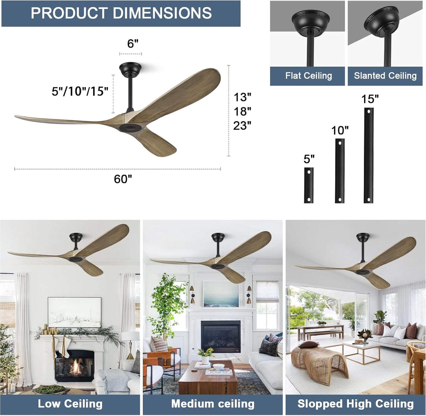 ABZ 60" Ceiling Fan without Light - 60 inch Propeller Solid Wood Blades Bronze Gray Ceiling Fan no Light with Remote Control for Outdoor Indoor Patio Porch Living Room