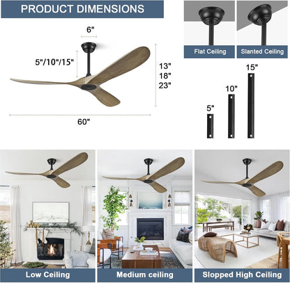 ABZ 60" Ceiling Fan without Light - 60 inch Propeller Solid Wood Blades Bronze Gray Ceiling Fan no Light with Remote Control for Outdoor Indoor Patio Porch Living Room