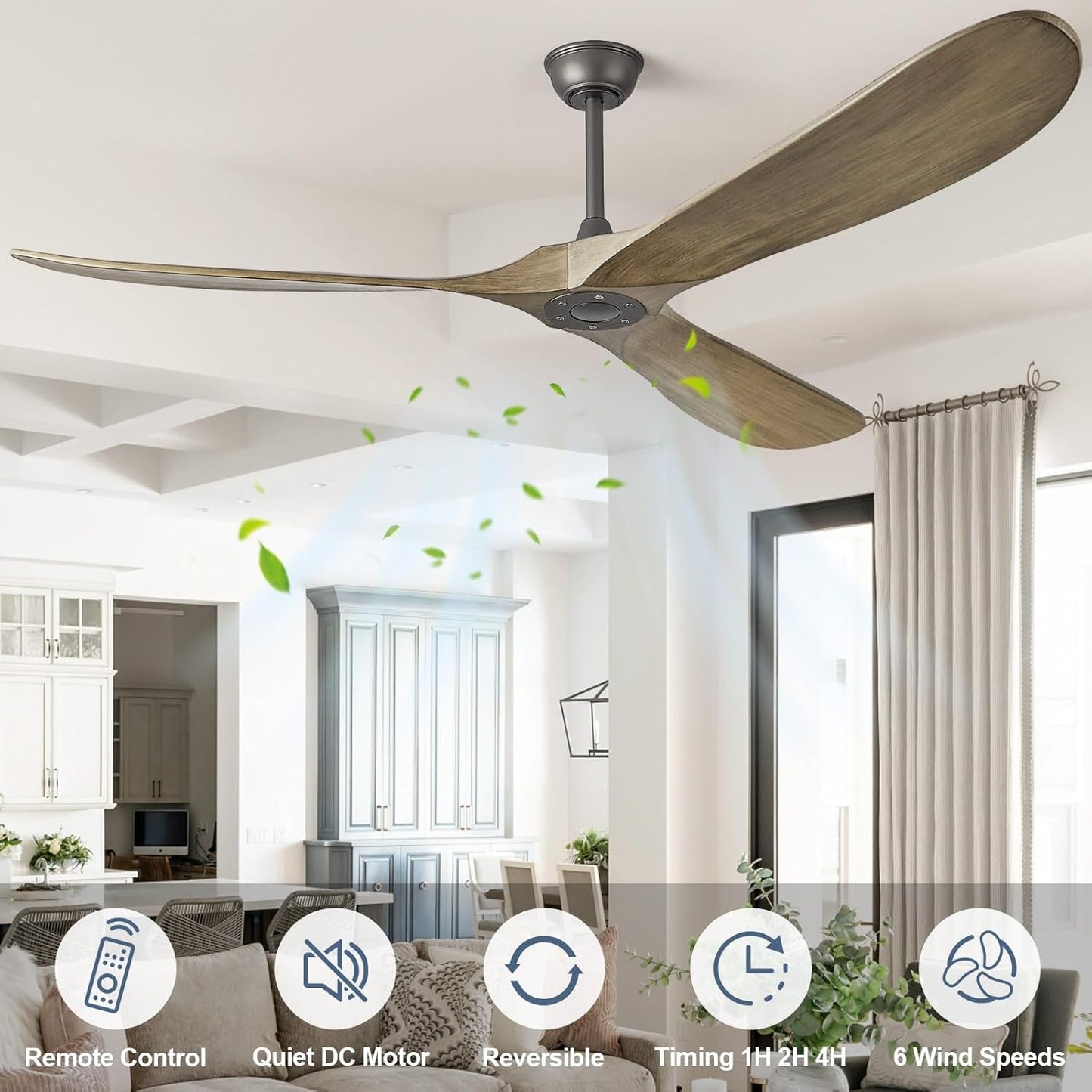 ABZ 72" Ceiling Fan without Light - 72 inch Propeller Solid Wood Blades Bronze Gray Ceiling Fan no Light with Remote Control for Outdoor Indoor Patio Porch Living Room