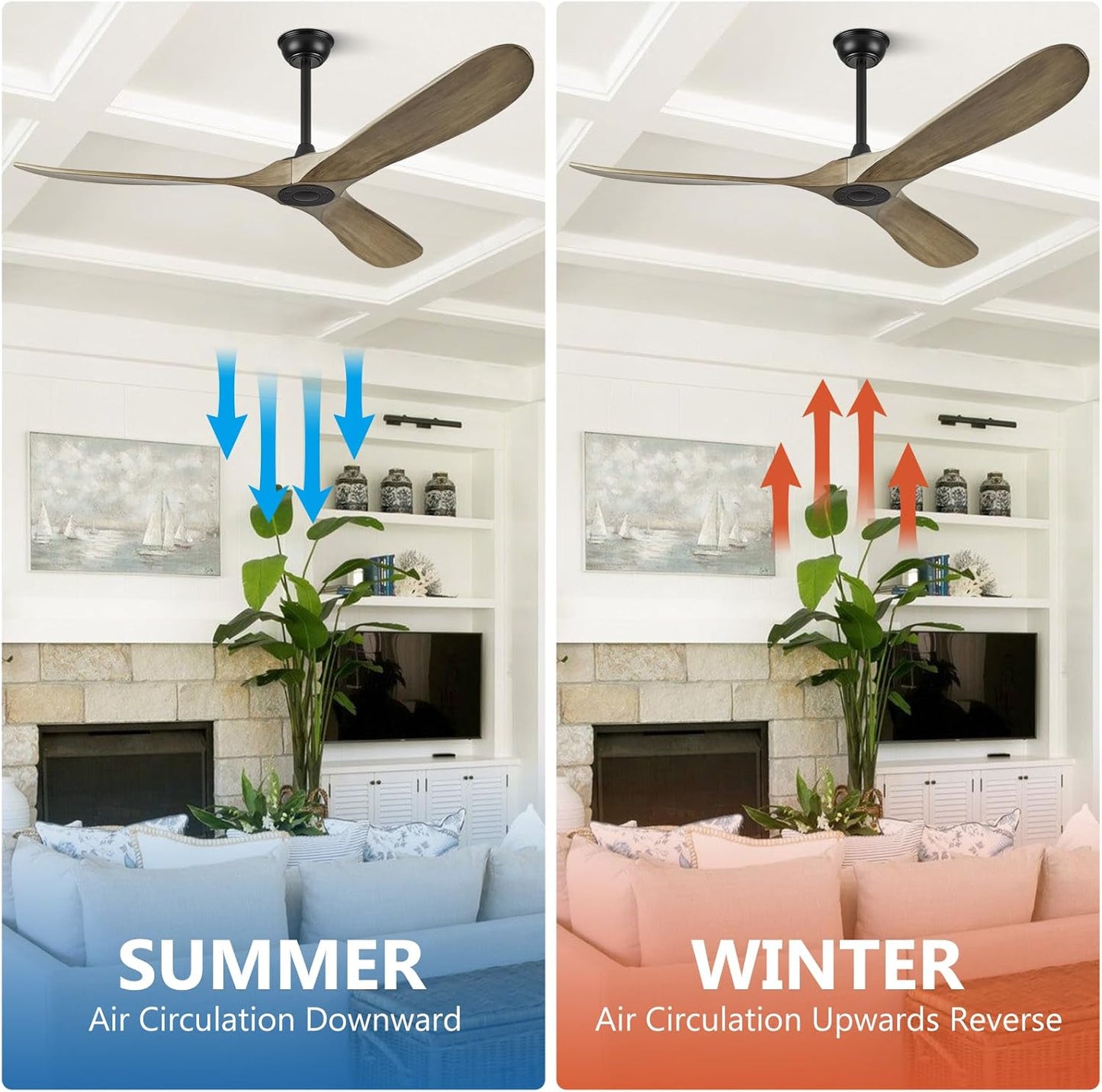 ABZ 60" Ceiling Fan without Light - 60 inch Propeller Solid Wood Blades Bronze Gray Ceiling Fan no Light with Remote Control for Outdoor Indoor Patio Porch Living Room
