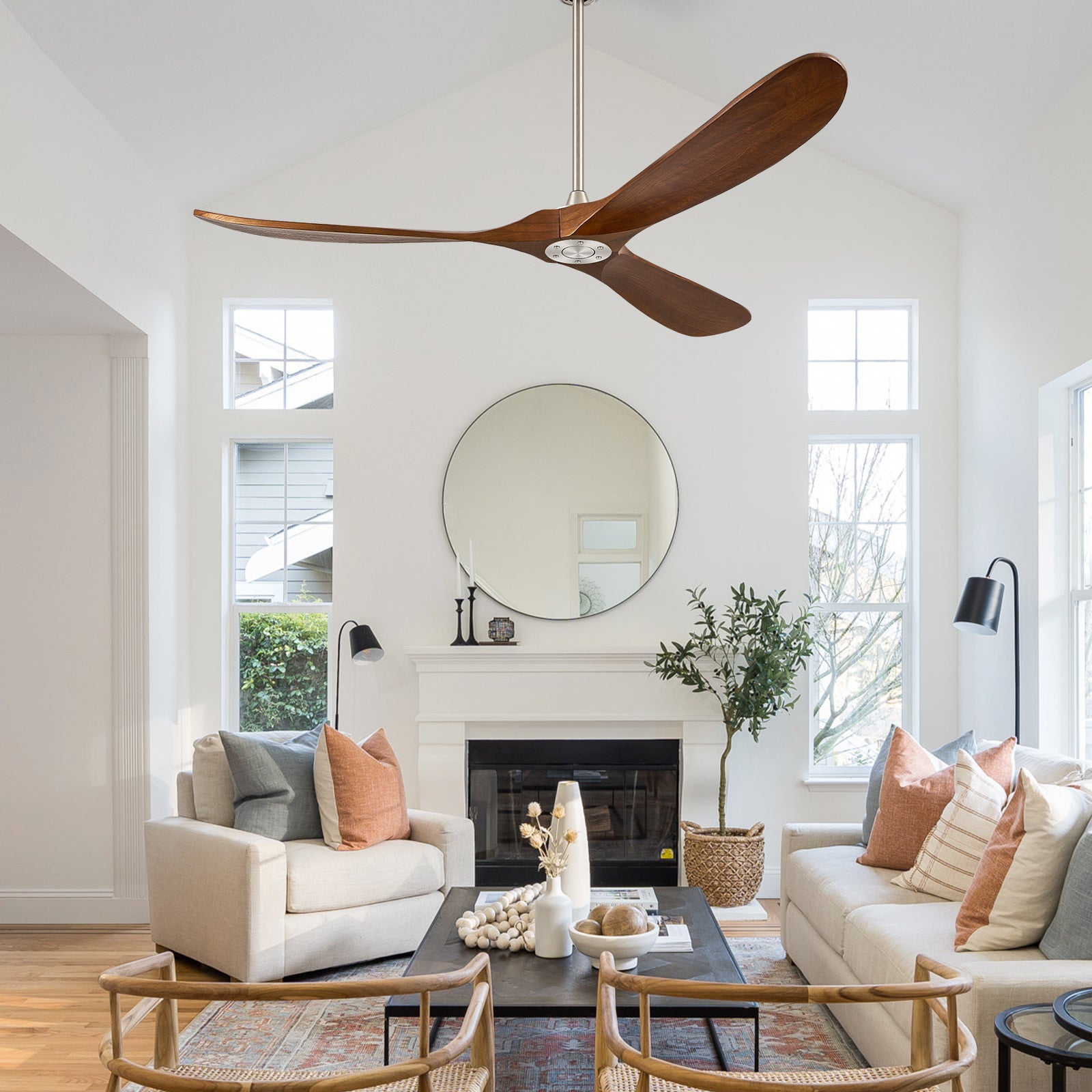 Ceiling Fan without Light - 72 inch Large Solid Wood Propeller Blades Silver Ceiling Fan no Light with Remote Control for Outdoor Indoor Patio Porch Living Room