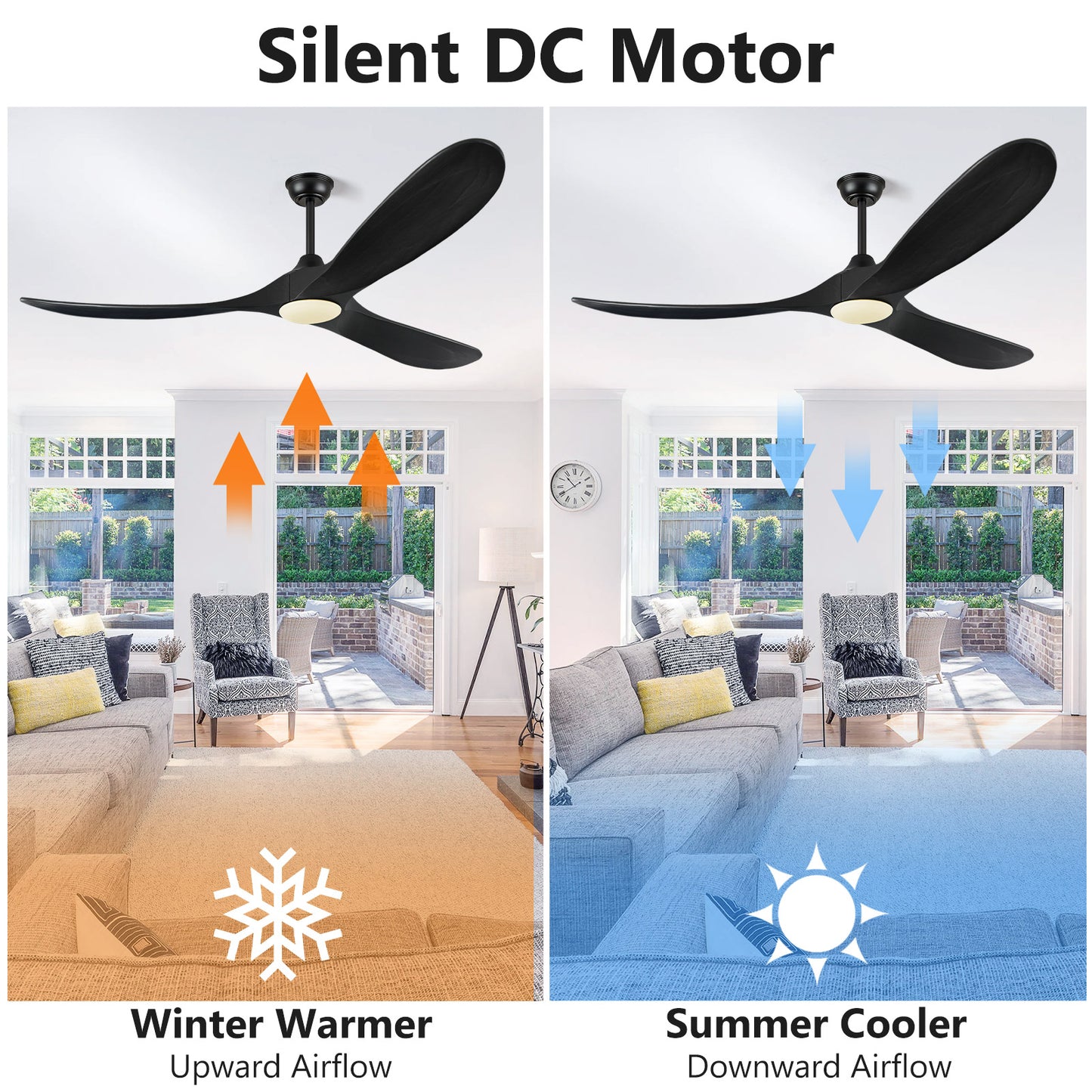 ABZ Ceiling Fans with Lights and Remote Control, 60 Inch Solid Wood Propeller Outdoor Ceiling Fan for Patios, 3 Blades Black Ceiling Fan with Light for Indoor Porch Farmhouse, Matte Black