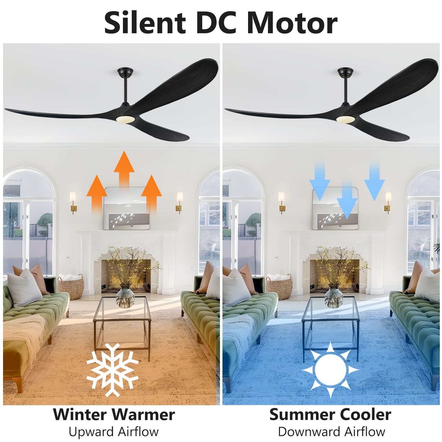 ABZ 72 Inch Ceiling Fans with Lights, Solid Wood Propeller Large Outdoor Ceiling Fan with Light and Remote Control, 3 Blades Black Ceiling Fan for Indoor Patios Living Room High cfm, Matte Black