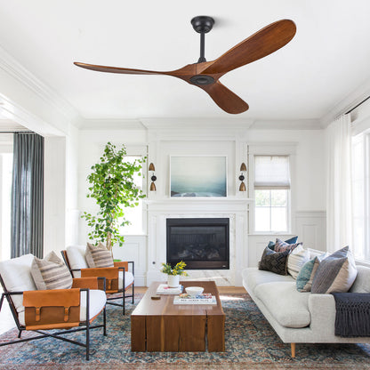 ABZ 52" Solid Wood Ceiling Fan, Outdoor, 3 Blade, No Light, Walnut, for Patio Living Room Bedroom Porch, Remote Control, Water Resistant