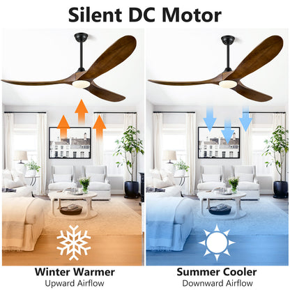 ABZ 52 Inch Ceiling Fans with Lights and Remote Control, Outdoor Ceiling Fan with Light 3 Blades Propeller Solid Wood Ceiling Fan for Indoor Bedroom Living Room, Walnut Wood