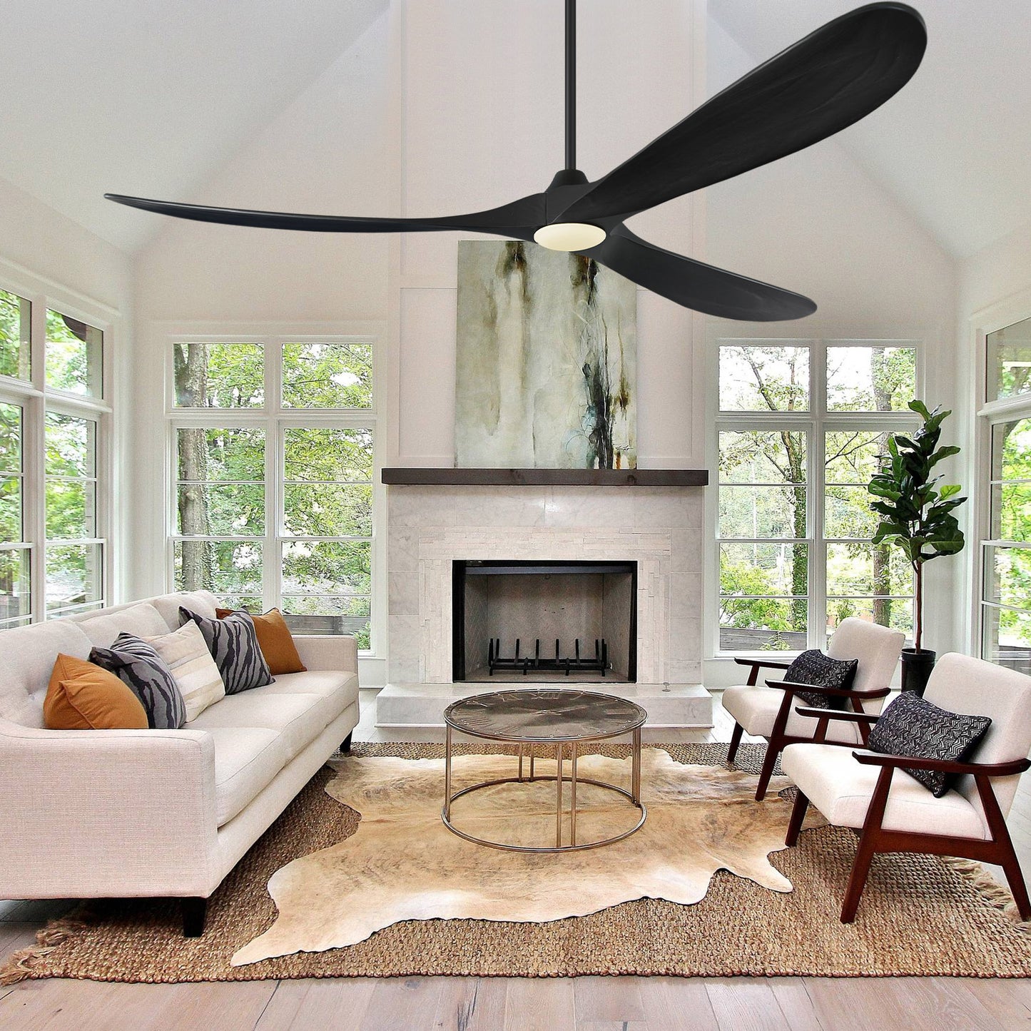 ABZ 72 Inch Ceiling Fans with Lights, Solid Wood Propeller Large Outdoor Ceiling Fan with Light and Remote Control, 3 Blades Black Ceiling Fan for Indoor Patios Living Room High cfm, Matte Black
