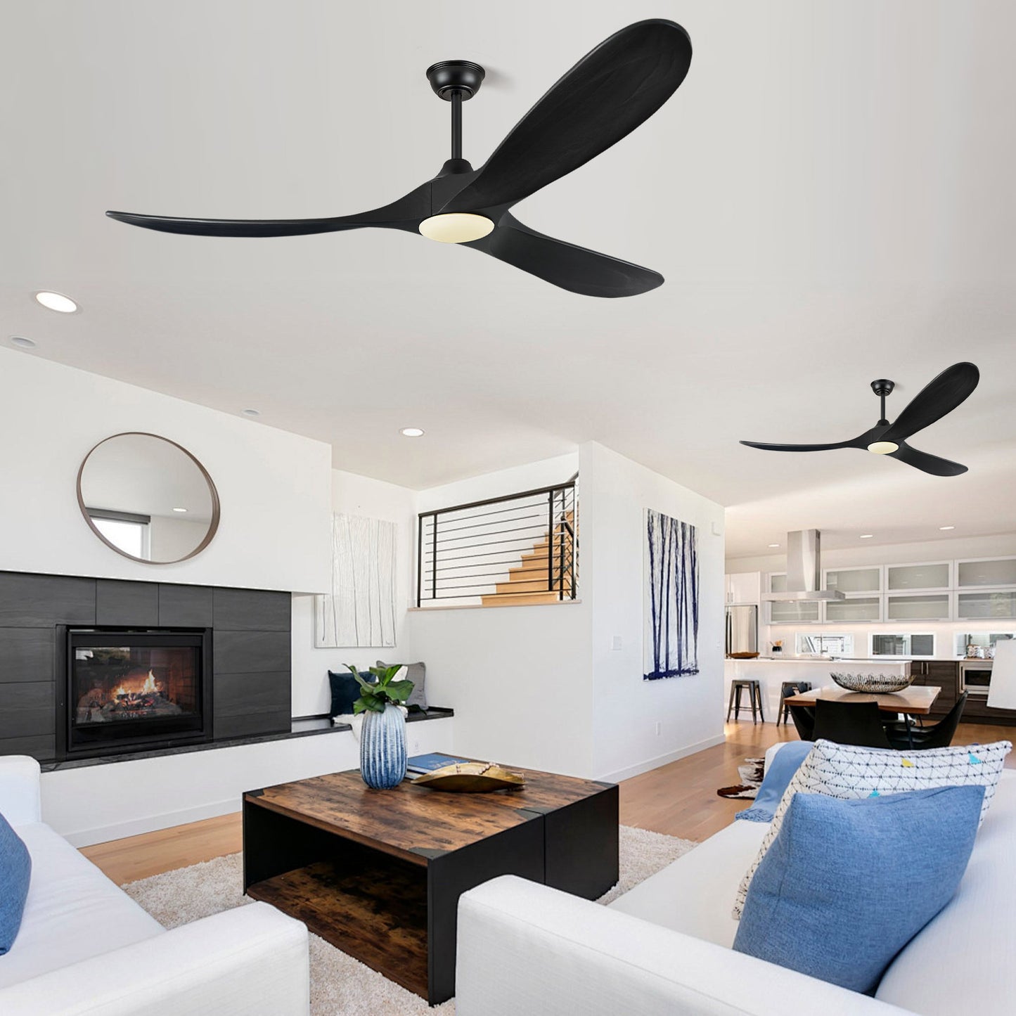 ABZ Ceiling Fans with Lights and Remote Control, 60 Inch Solid Wood Propeller Outdoor Ceiling Fan for Patios, 3 Blades Black Ceiling Fan with Light for Indoor Porch Farmhouse, Matte Black